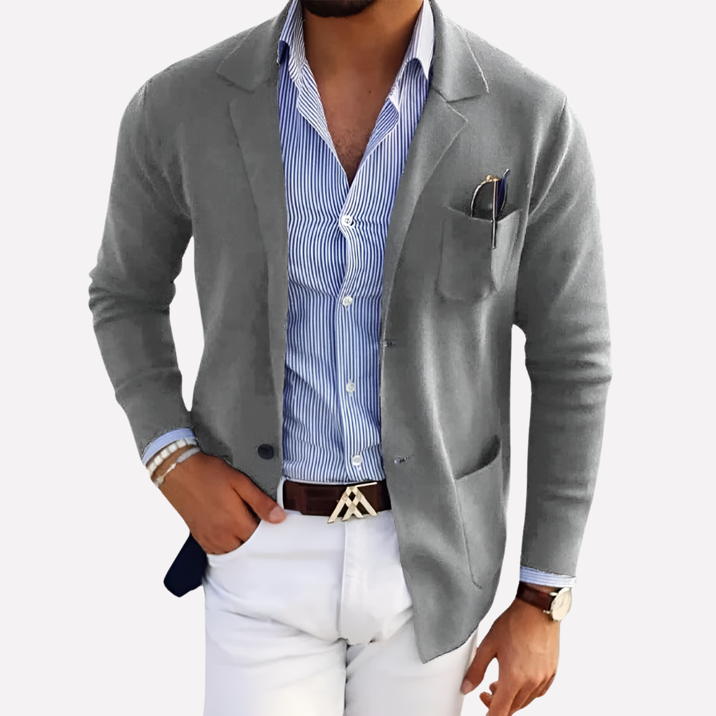 Fashionable men's knit blazer for a sophisticated smart casual look. A comfortable & versatile semi-formal jacket for men.