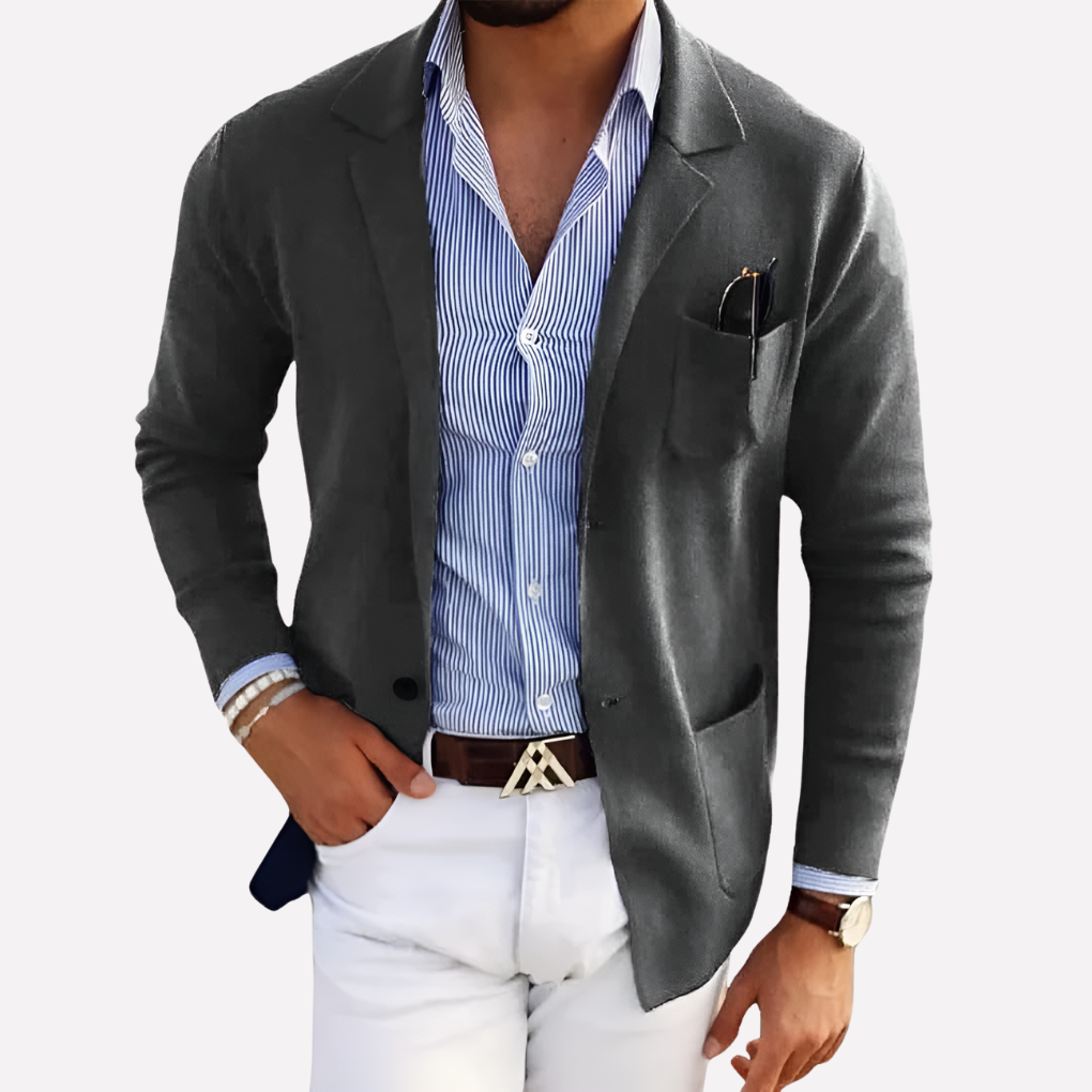 Men's casual knit blazer offering smart style & comfort. This versatile jacket is great for workwear and modern fashion.