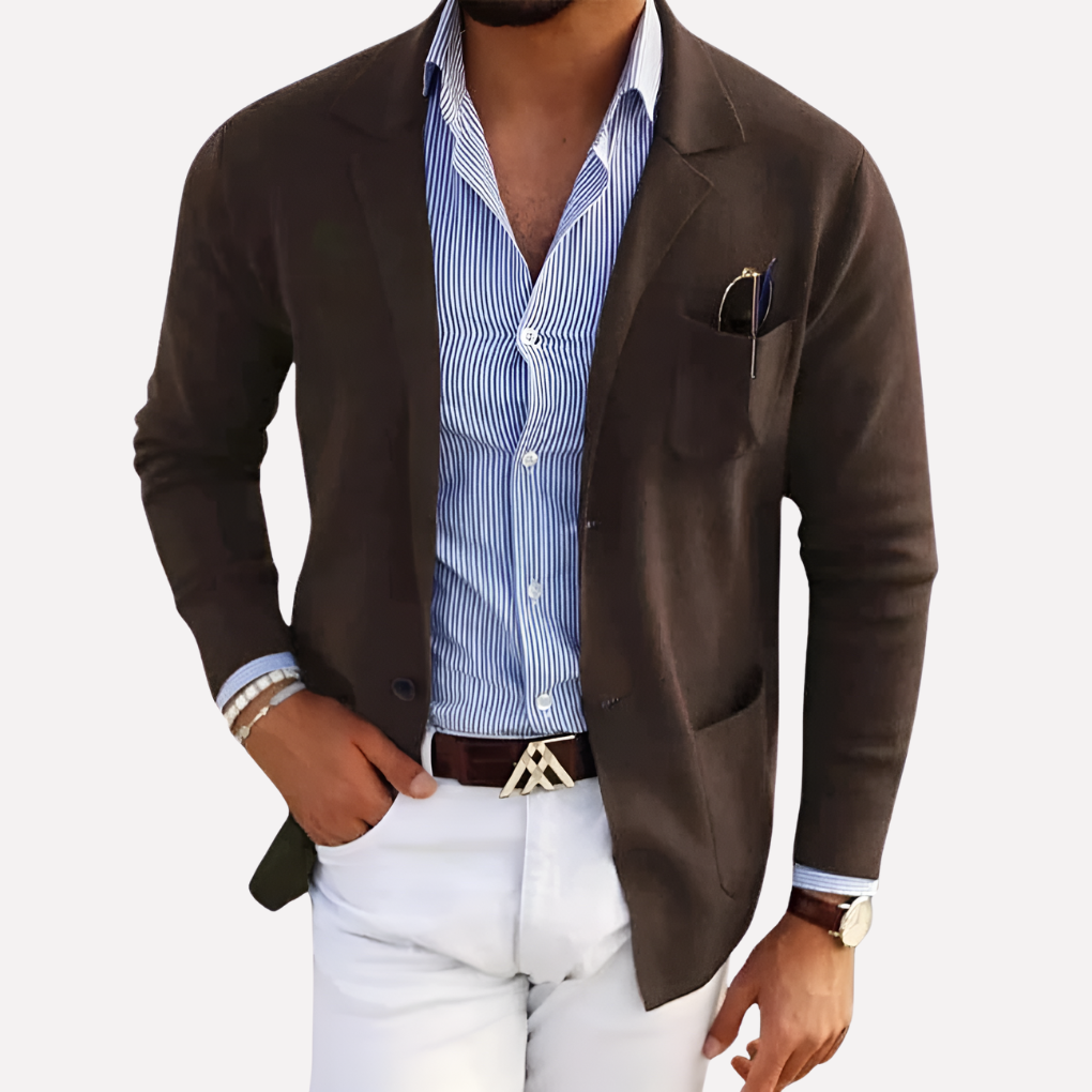 Versatile men's knit blazer for a modern smart casual wardrobe. Perfect semi-formal jacket and comfortable layering piece.