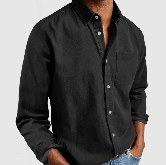 Classic men's long-sleeve button-down shirt with a crisp collar. Essential versatile menswear top.