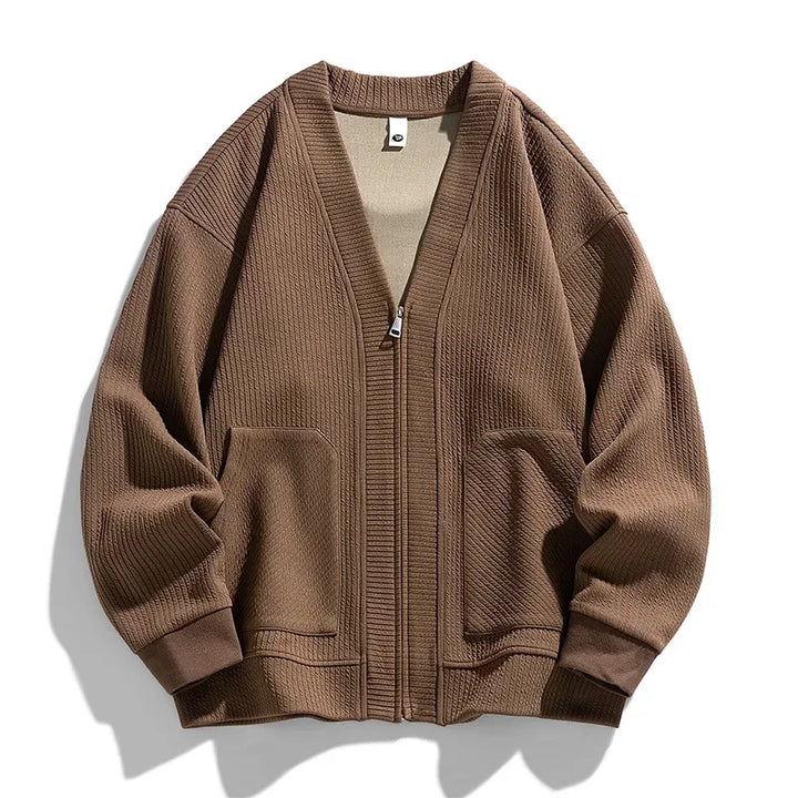 Men's versatile relaxed fit zip-up sweater in comfortable knit, ideal for casual layering.