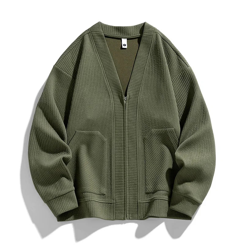 Stylish brown men's relaxed fit zip-up sweater, perfect for casual everyday wear & layering.
