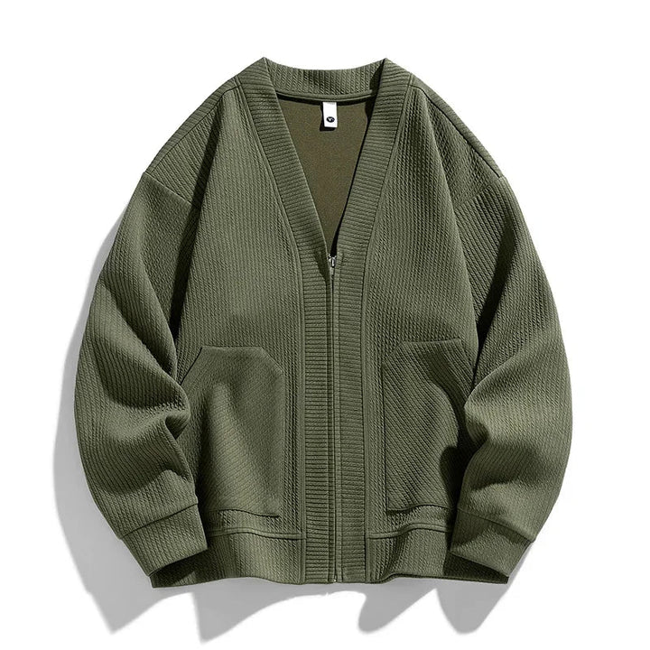 Stylish brown men's relaxed fit zip-up sweater, perfect for casual everyday wear & layering.