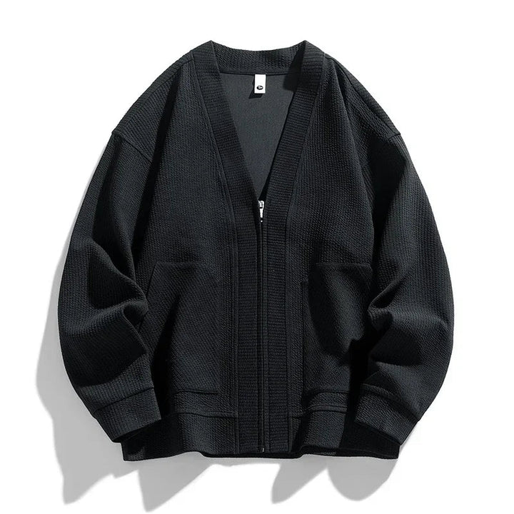 Gray men's relaxed fit zip-up sweater, a casual & comfortable piece for everyday fashion.