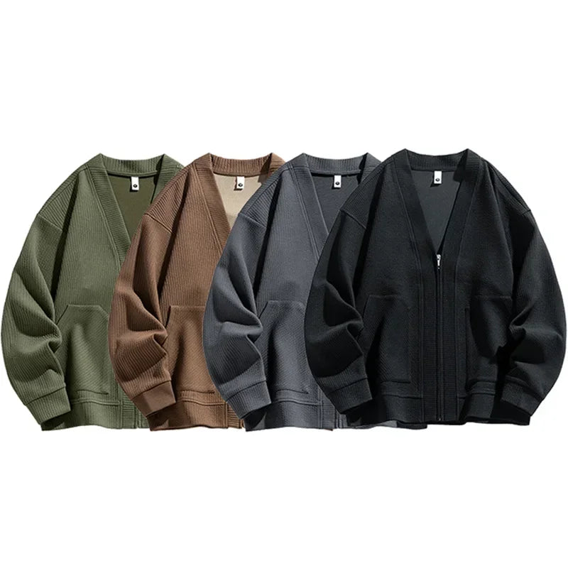 Comfortable men's relaxed fit zip-up sweater, perfect for casual layering in various colors.