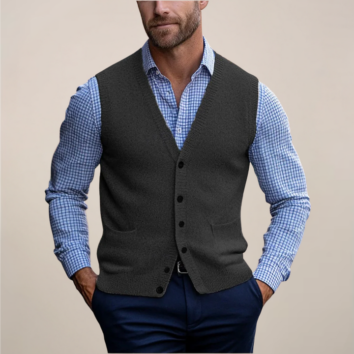 Stylish men's sleeveless vest sweater, perfect for office attire or a smart casual look.