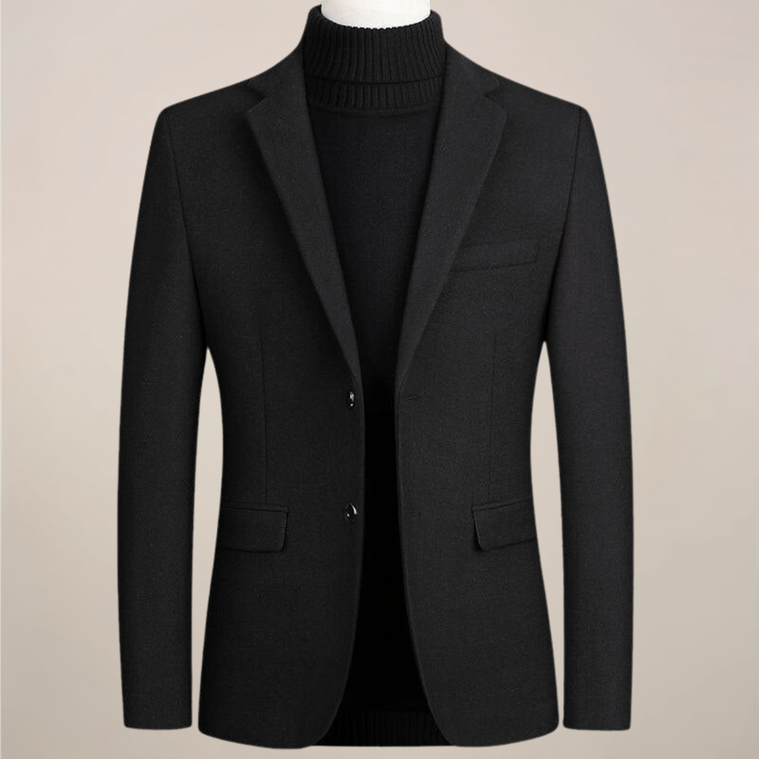 Classic men's smart casual blazer. A tailored two-button jacket for business casual or formal wear; modern style.