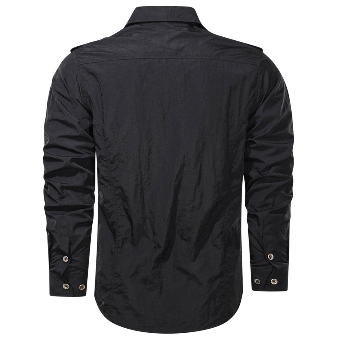 Men's soft shell shirt in a subtle blue hue, a comfortable and durable polyester shirt for all seasons.