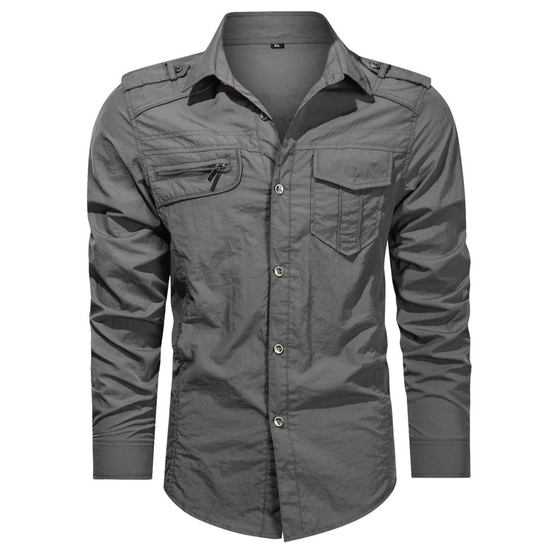 Adult man wearing a charcoal gray men's soft shell shirt, suitable for hiking or everyday casual wear.