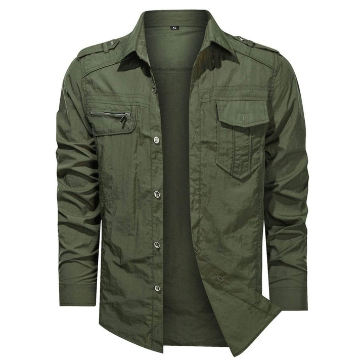 Front view of a men's versatile soft shell shirt, showcasing its classic button-up design and durable material.
