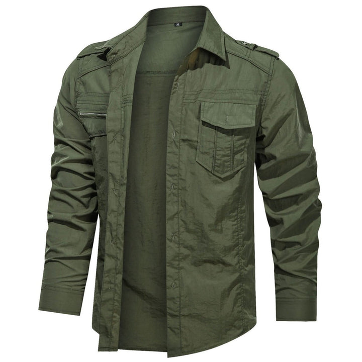 Men's soft shell shirt in a forest green, ideal for outdoor adventures, offering protection and style.