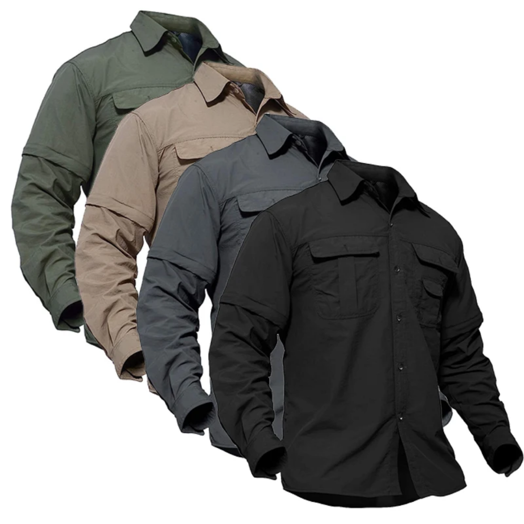 Men's versatile zip-off outdoor adventure shirt, convertible for hiking & travel. Quick dry & sun protection.