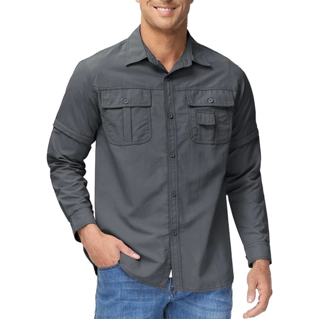 Convertible men's outdoor shirt, Arvo zip-off, transforms from long to short sleeve for camping & hiking.