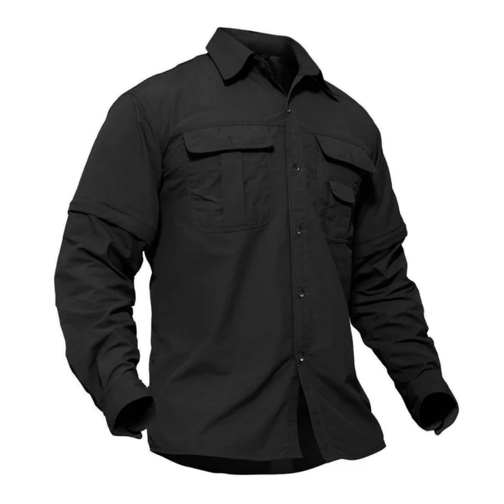 Stylish men's adventure shirt, Arvo brand, with versatile zip-off sleeves. Great for outdoor activities.