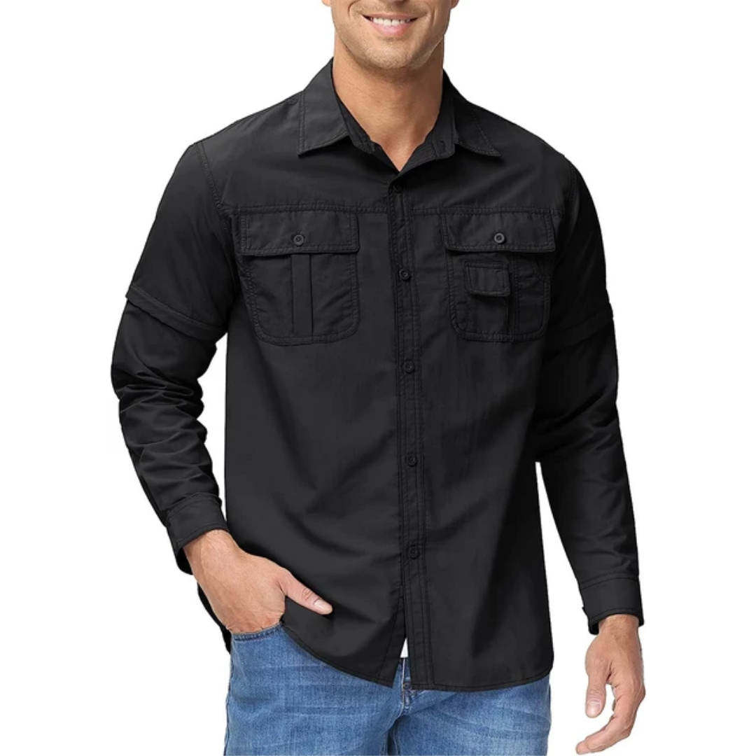 Man wearing an Arvo men's zip-off outdoor shirt, ready for hiking & adventure. Quick-dry & sun protective.