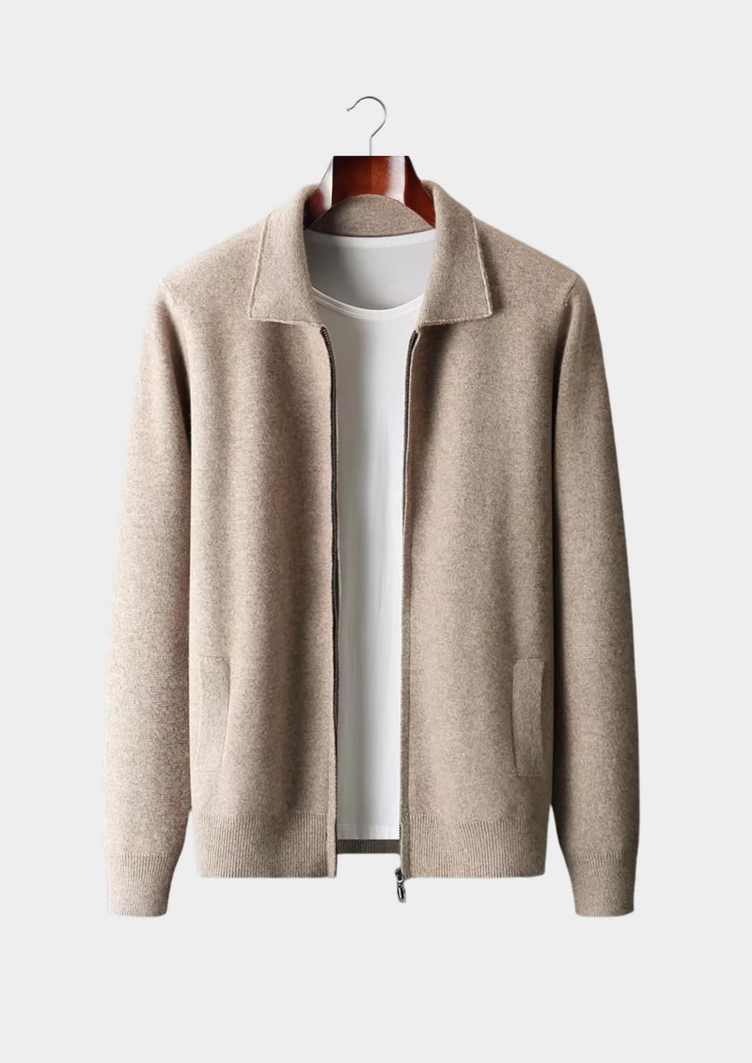 Men's versatile zip-up cardigan sweater, perfect for casual or business casual layering, shown on model.