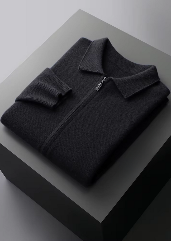 Intricate fabric weave of the men's collared zip-up cardigan sweater, ensuring warmth and durability.
