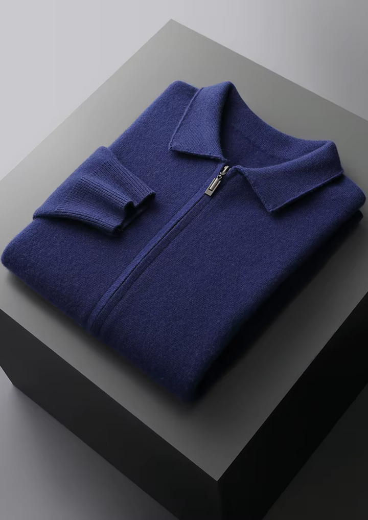 Men's versatile zip-up cardigan sweater on a hanger, showcasing its elegant drape and quality design.