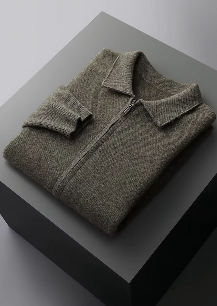 Collection of men's versatile zip-up cardigan sweaters in various colors, perfect for stylish layering.