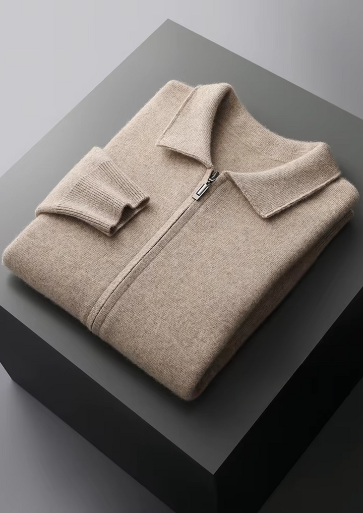 Stylish men's collared zip-up cardigan sweater in a solid color, ideal for versatile layering.