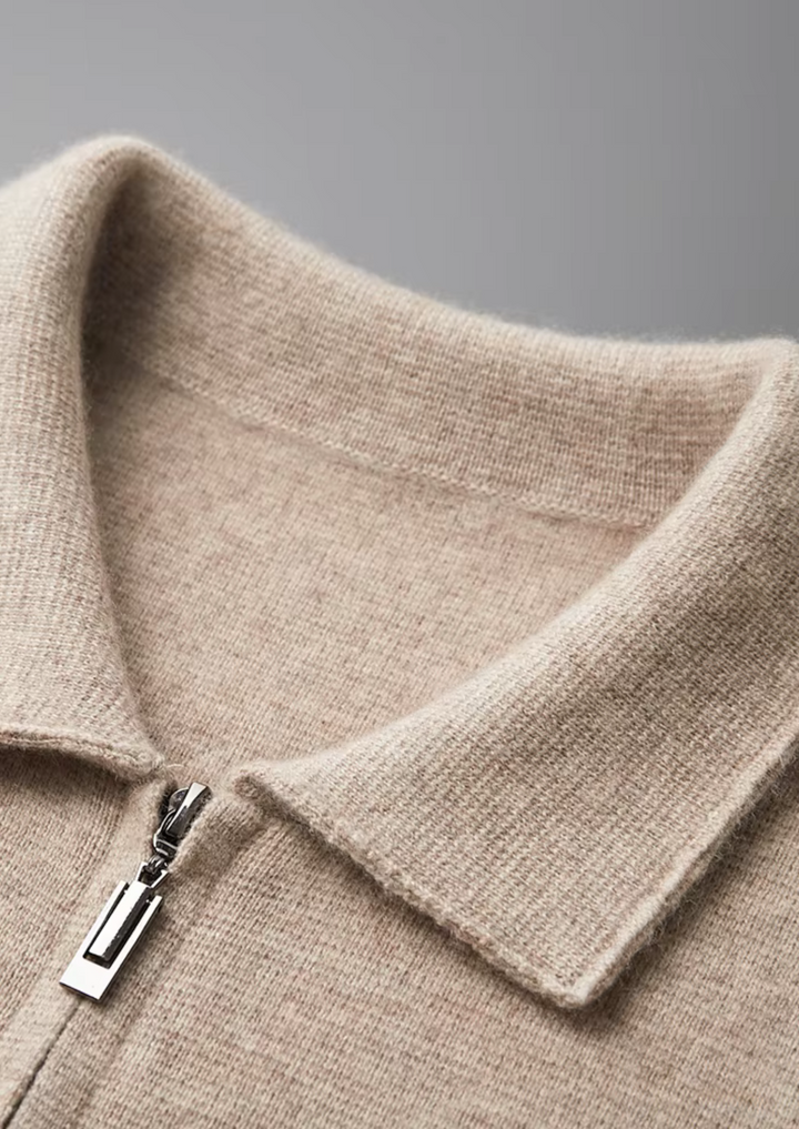 Man wearing a comfortable men's zip-up cardigan sweater, demonstrating its stylish fit and versatility.