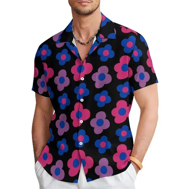 Men's vibrant floral print summer shirt with a stylish notched collar and short sleeves, perfect for beachwear.