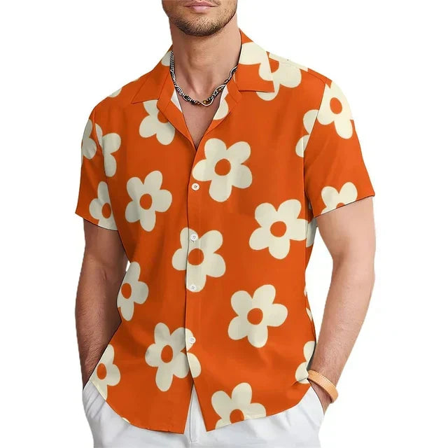 Casual men's summer shirt featuring a colorful floral print and notched collar, ideal for vacations and warm weather.