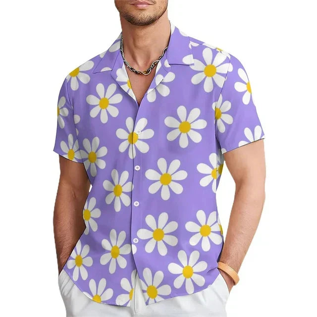Stylish men's floral print short-sleeve shirt with a trendy notched collar, offering a vibrant look for summer fashion.