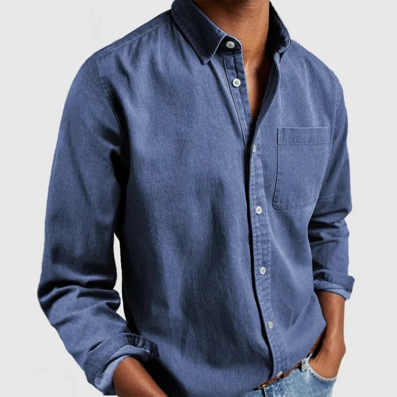 Men's relaxed fit button-up shirt with long sleeves, vintage style, great for casual or travel outfits.