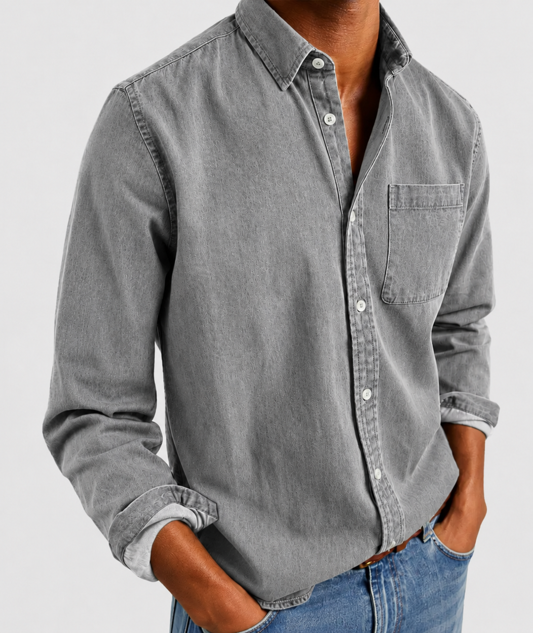Comfortable men's relaxed fit long sleeve button-up, vintage style, ideal for versatile fashion.