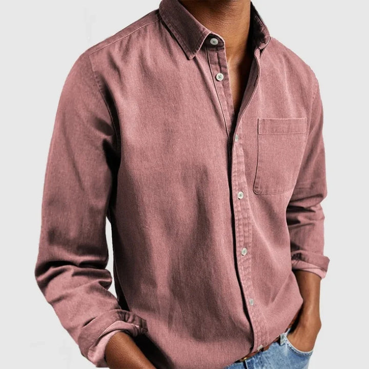 Men's button-up long sleeve shirt, relaxed fit, vintage aesthetic, suitable for casual wear.