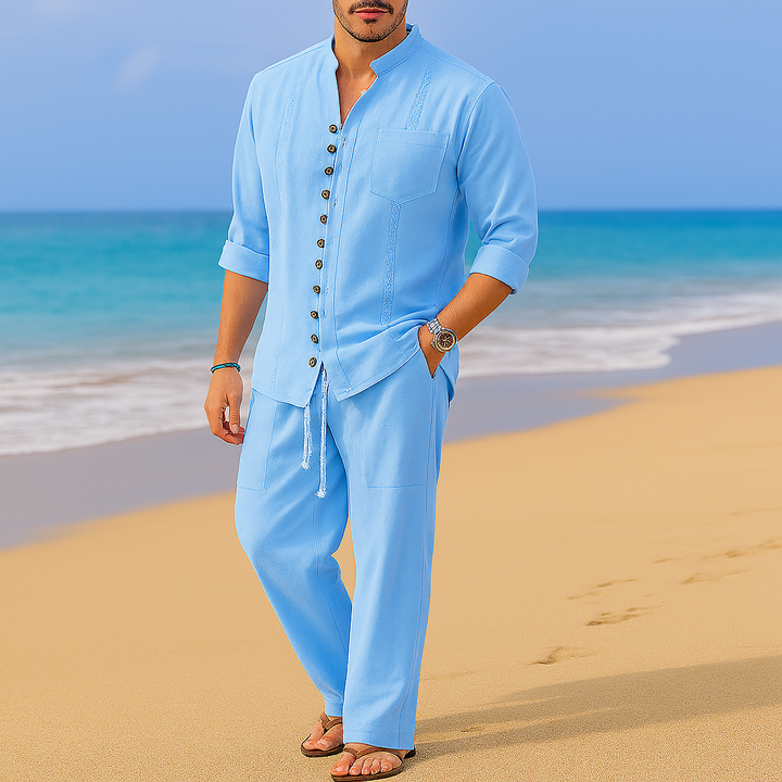 Men's vintage style pullover shirt in a relaxed fit for casual wear. Long sleeve, collarless design offering everyday comfort.