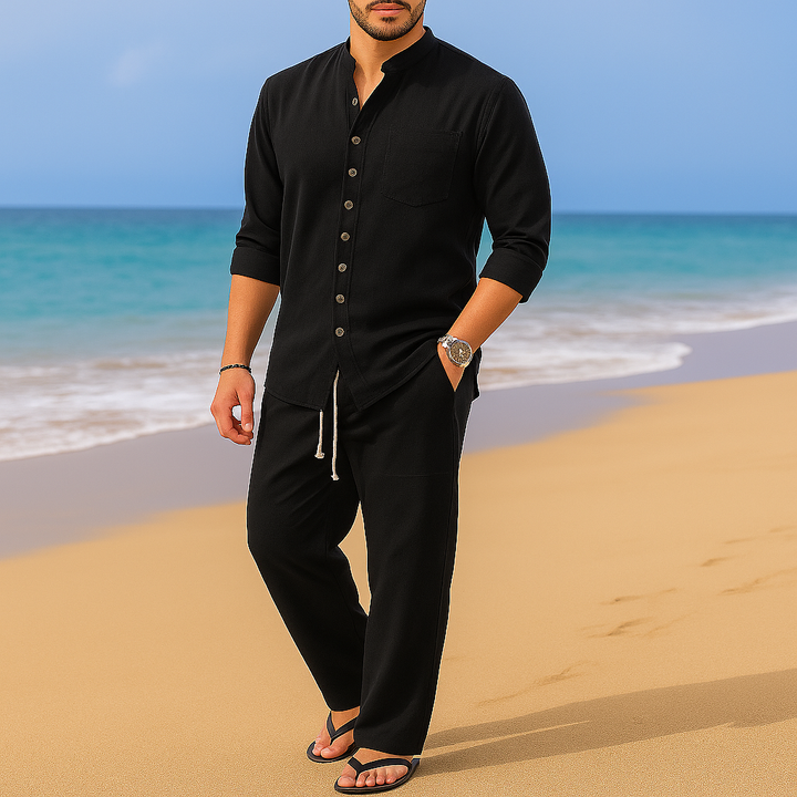 Men's collarless vintage pullover shirt, long sleeve for relaxed fit. Perfect casual top, merging style & comfort.