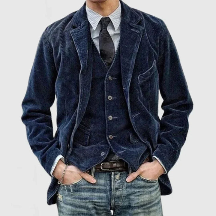 Men's vintage tailored blazer & vest set. Elegant menswear for formal events & business casual. Stylish men's fashion.