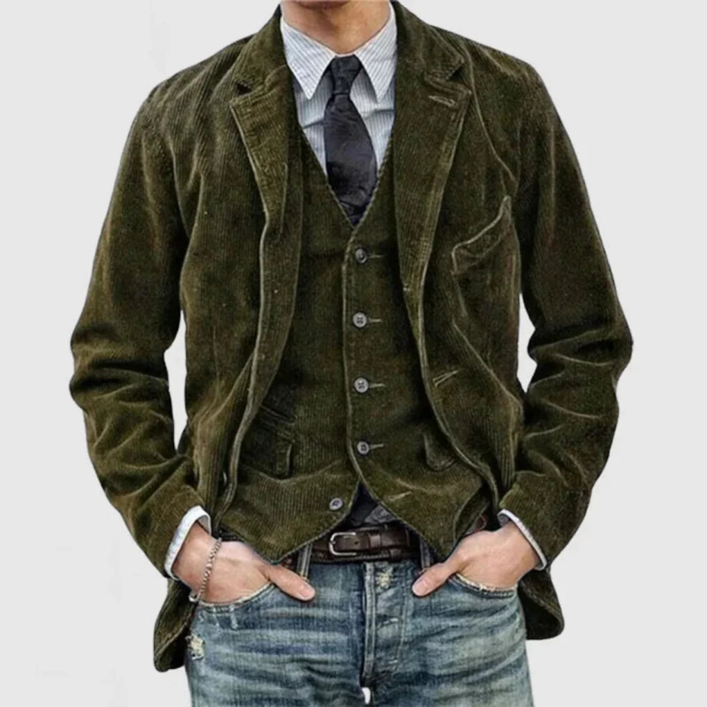 Green tailored vintage men's blazer & matching vest set. Elegant menswear for special occasions or smart casual.