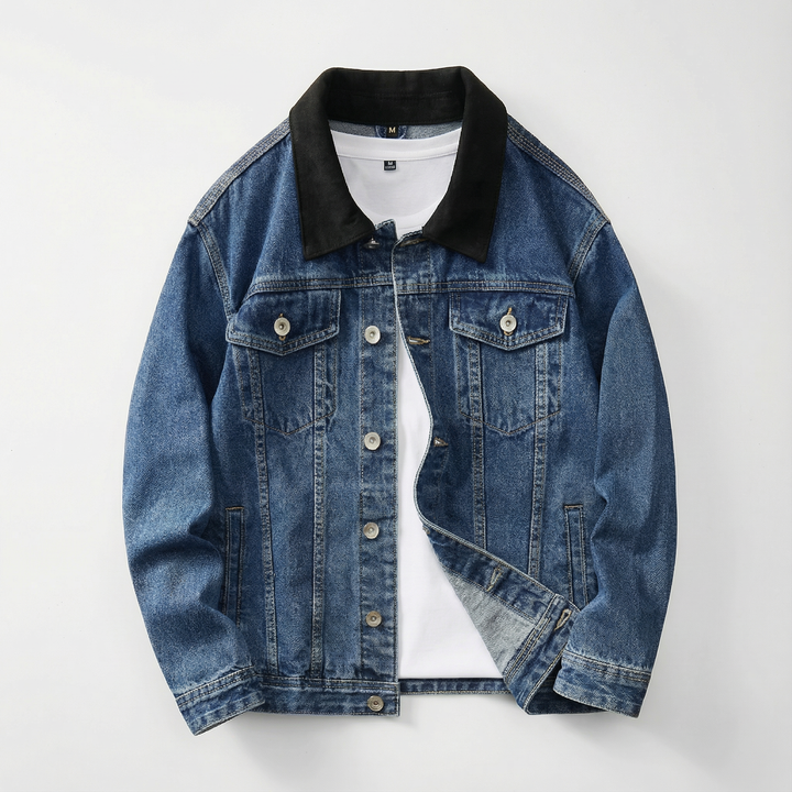 Lay flat of a Men's rugged vintage wash denim trucker jacket, ready-to-wear outerwear