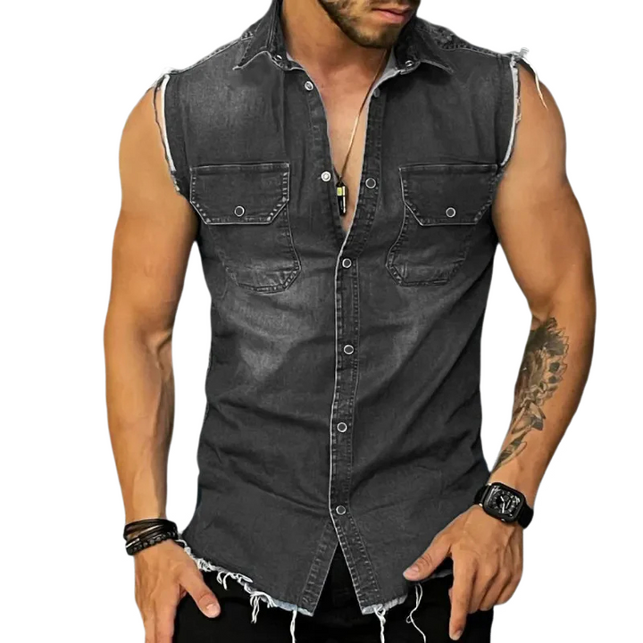 Men's vintage wash sleeveless vest shirt for summer layering. Casual rugged style with button front.