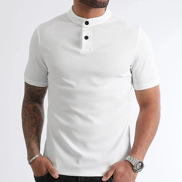 Men's waffle knit henley shirt, short sleeve, slim fit for timeless style & all-day comfort.