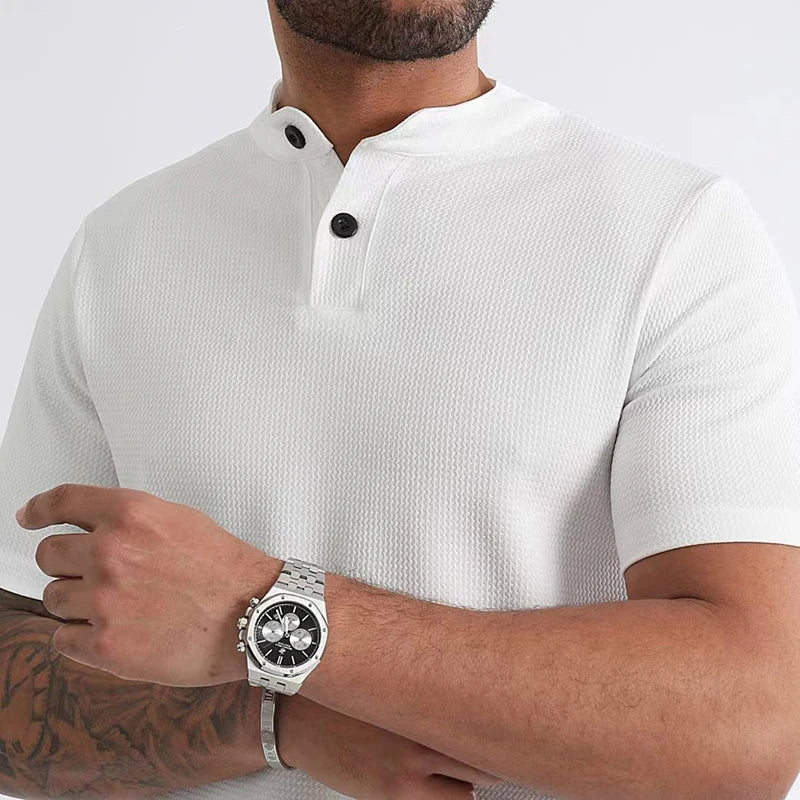 Casual men's waffle shirt with button placket, ideal for spring & summer everyday wear.