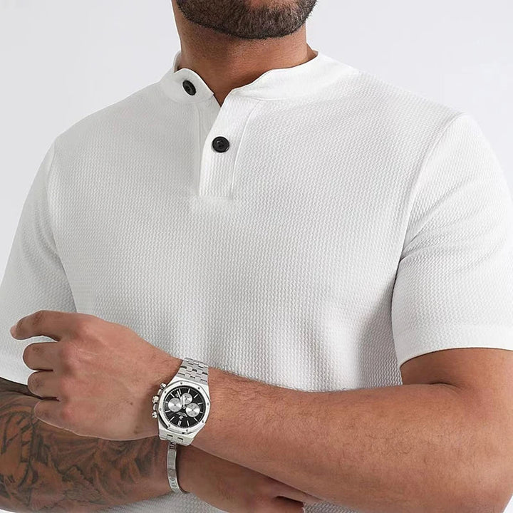 Casual men's waffle shirt with button placket, ideal for spring & summer everyday wear.