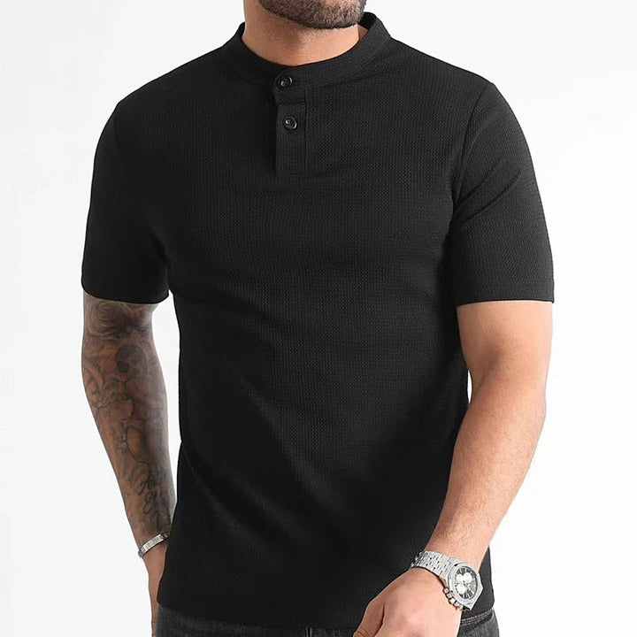 Slim fit men's short sleeve henley, waffle knit, offering classic style & versatile comfort.
