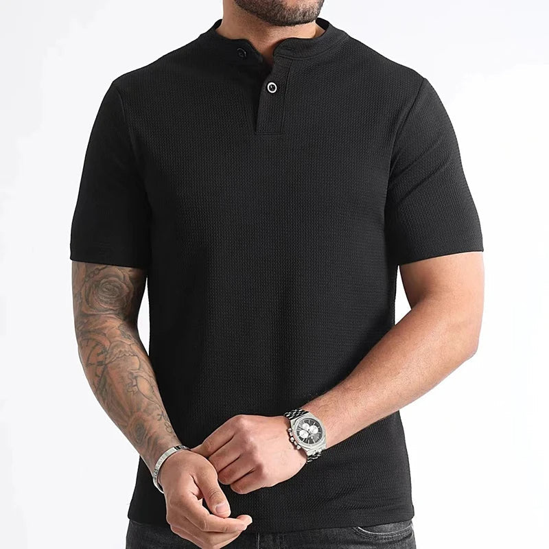 Timeless men's waffle knit henley shirt, perfect for casual spring & summer fashion.