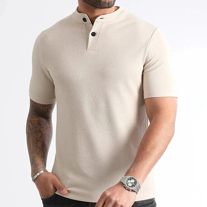 Men's casual short sleeve waffle henley, featuring a button placket, suitable for any season.