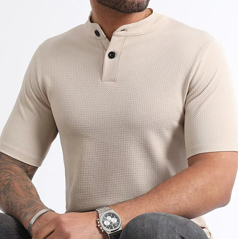 Soft men's waffle knit henley shirt, short sleeve, great for comfortable and stylish everyday wear.
