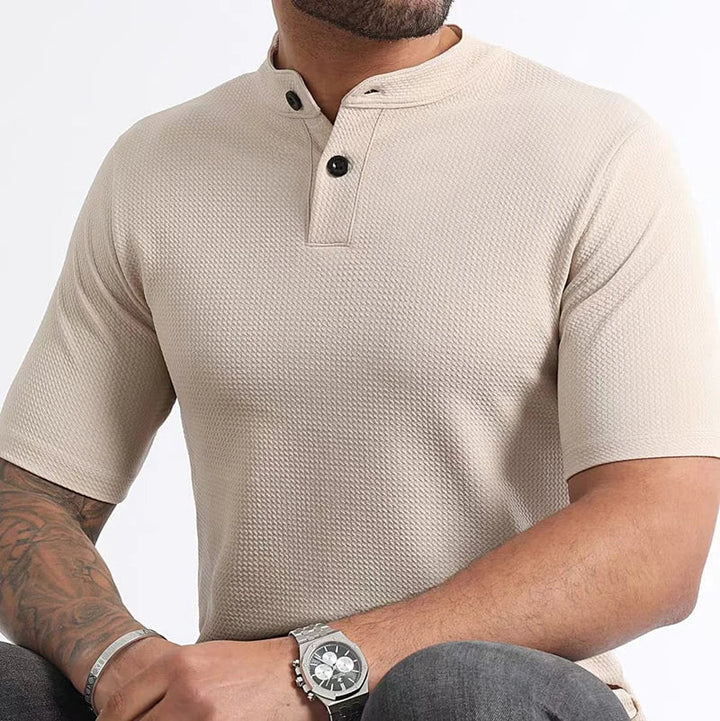 Soft men's waffle knit henley shirt, short sleeve, great for comfortable and stylish everyday wear.