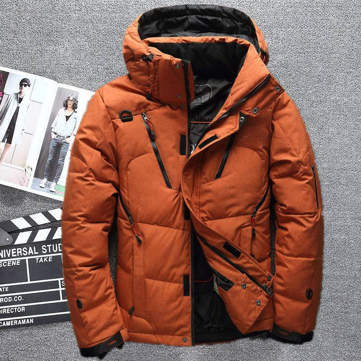 Insulated men's duck down parka jacket in dark color, perfect for winter and cold conditions