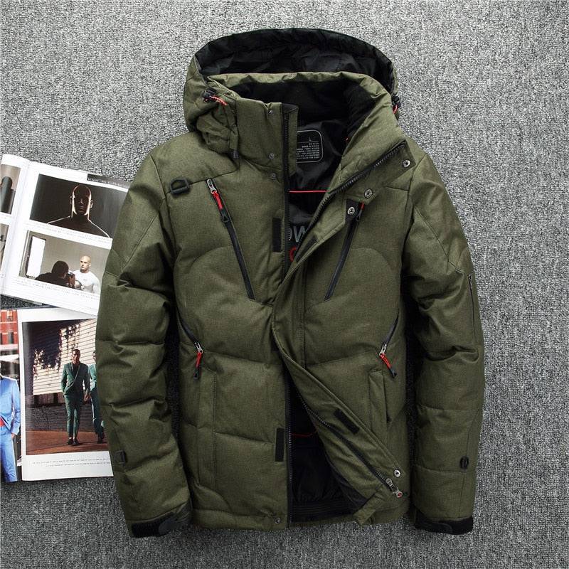 Full-length view of a men's winter duck down parka with detachable hood, a versatile outerwear choice