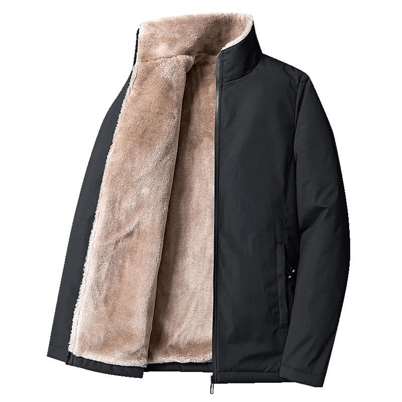 Men's warm fluffy-lined black winter jacket, ideal for cold weather outerwear, front view