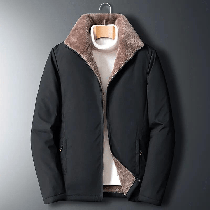 Casual men's black winter coat with warm fluffy lining, suitable for cold weather, side view