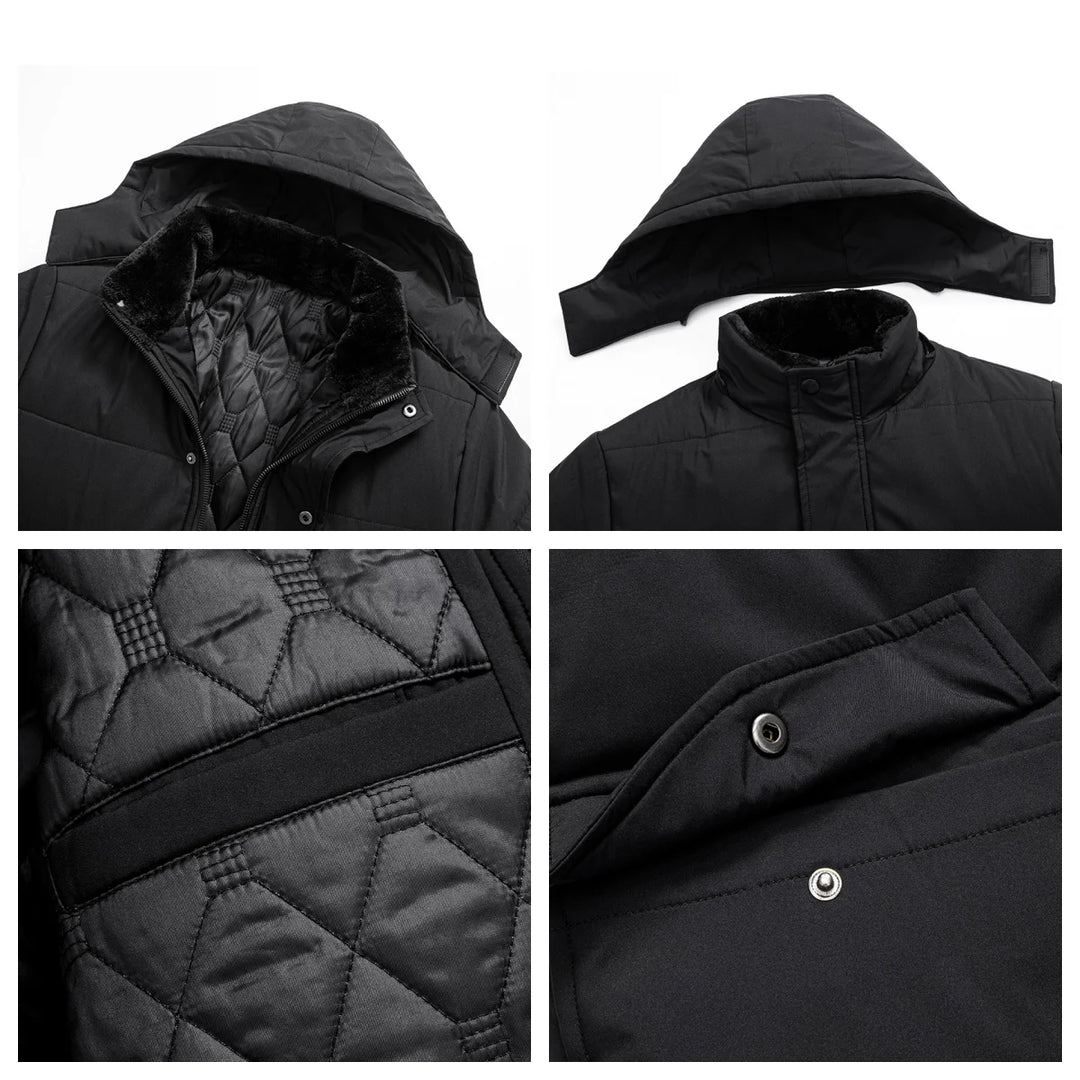 Stylish men's fur lined puffer jacket, water resistant, side pockets, ideal winter outerwear